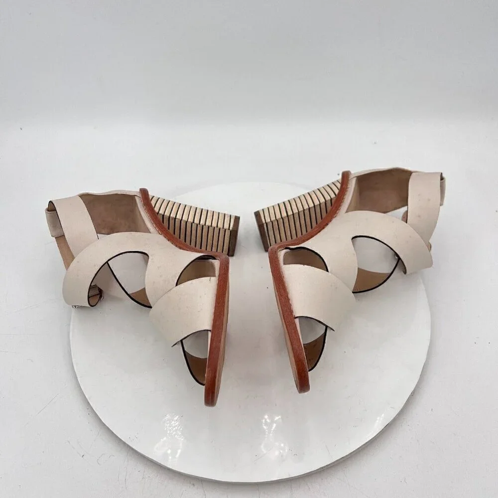Loeffler Randall Women Size 10B Cream Beige Leather Peep Toe Buckle Heel Sandal